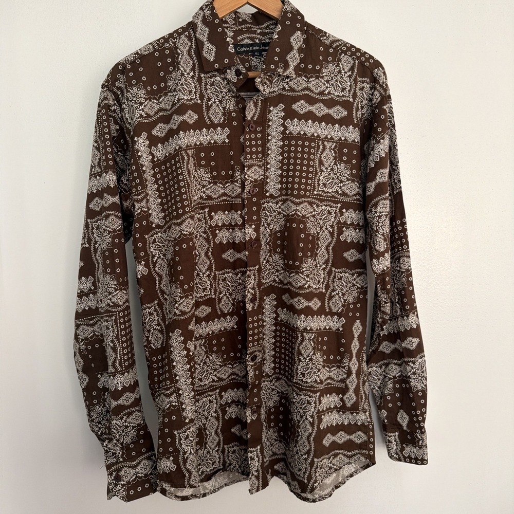 Calvin Klein Jeans Mens XL Brown Paisley Bandana Long Sleeve Button Up Shirt